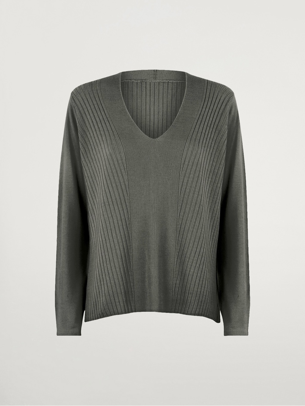 $695 Wolford 100% Virgin Wool Merino Blend Grey V-Neck Knit Top Sweater Ribbed